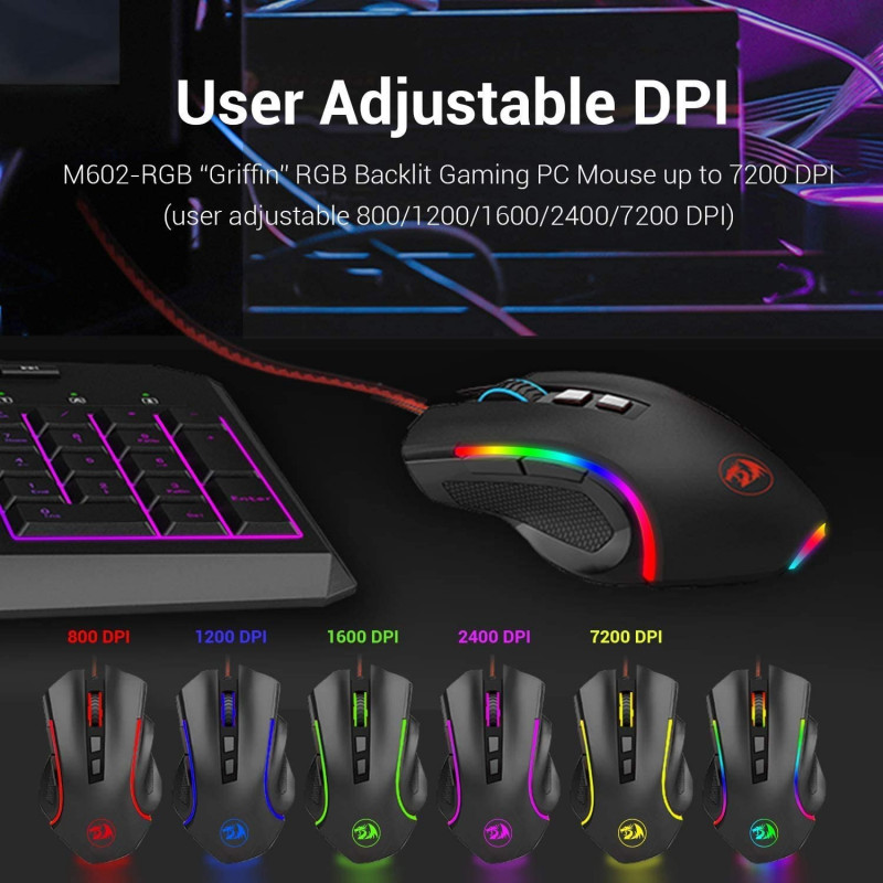 Redragon M602 RGB Wired Gaming Mouse RGB Spectrum Backlit Ergonomic Mouse Griffin Programmable With 7 Backlight Modes Up To 7200 DPI For Windows PC Gamers