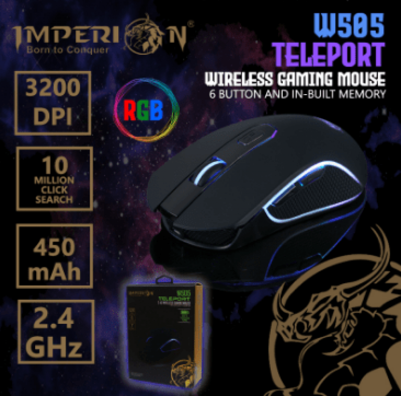 Imperion W505 TELEPORT Wireless RGB Gaming Mouse 3200DPI / 2.4G Wireless / 6 Button / Built-In Rechargeable Battery