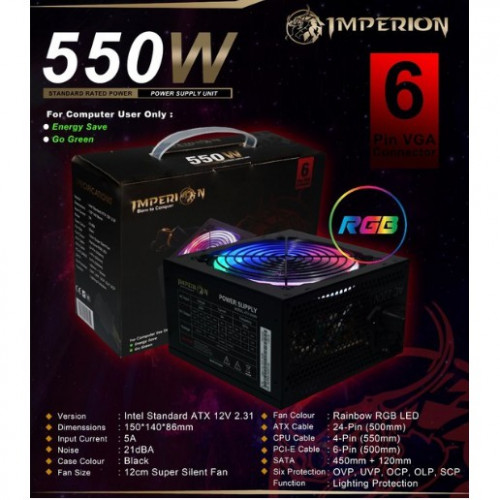 Imperion Gaming 550 Watt RGB Power Supply Unit With 6-pin PCIe Connector