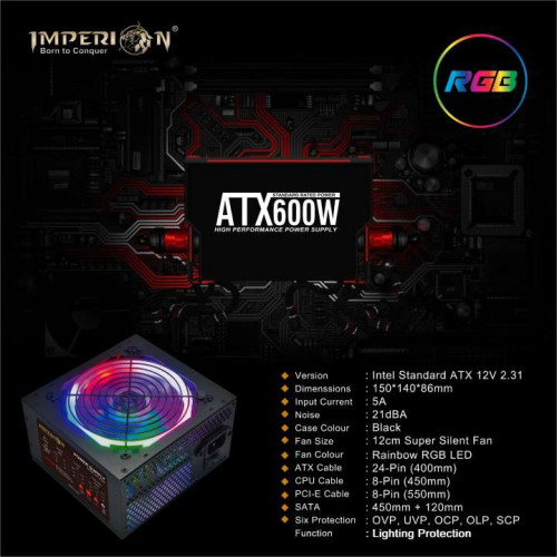 Imperion 600w RGB 8 PIN Power Supply Gaming PSU ATX 600 Watt 8pin PCIe Connector