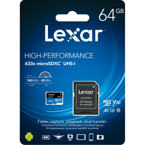 Lexar 64GB Micro SD Card SDHC UHS-I High Performance 633x 100MB/s U1 4K Mobile Phone TF Memory Card